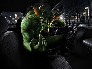 green and black dragon figurine, fantasy art, creature, car interior, car