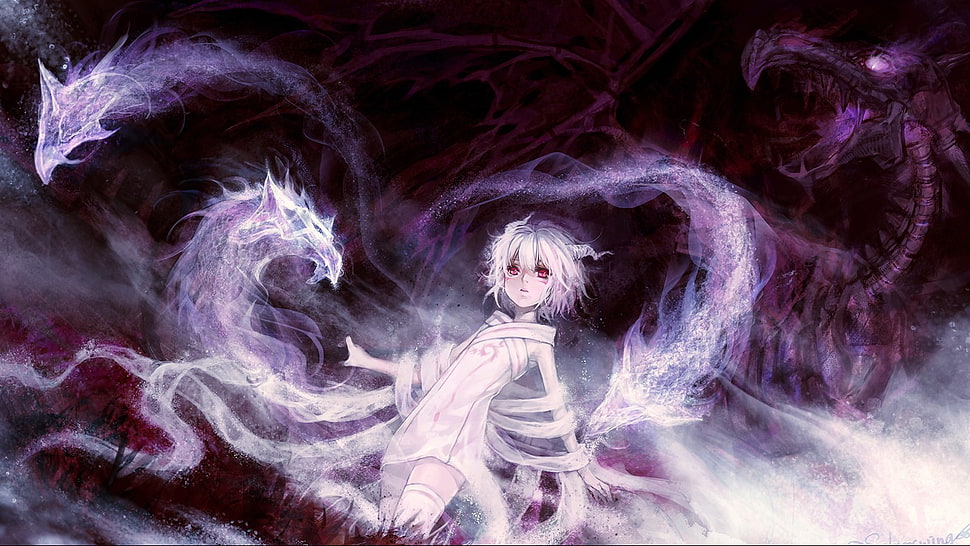 white haired female character surrounded by white fog HD wallpaper, dragon, white hair HD wallpaper