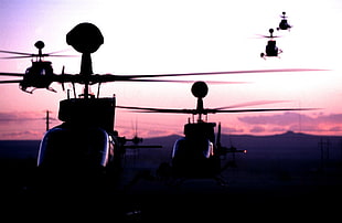 five black helicopters, aircraft, helicopters, sunset HD wallpaper