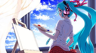 blue haired girl student holding paint palette standing by the window