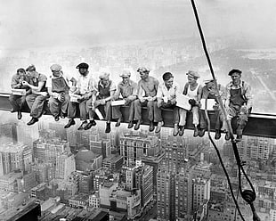 Lunch atop a Skyscraper, history, monochrome, building, workers