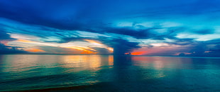 blue skies and clouds with body of water photography during sunset HD wallpaper