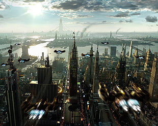 aerial photography of high rise building, futuristic, digital art, futuristic city, science fiction