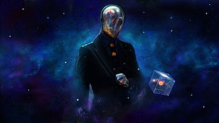 male character in wearing black suit jacket with galaxy background wallpaper