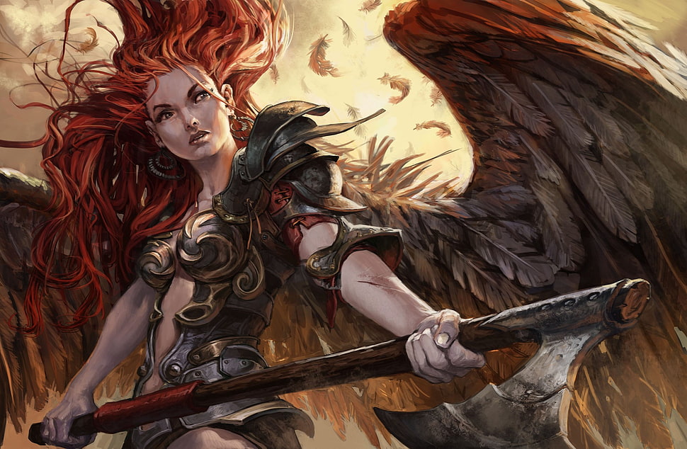 female anime character wallpaper, warrior, angel, fantasy art HD wallpaper