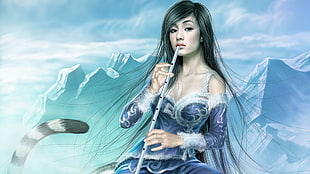 woman holding flute with black long straight hair illustration HD wallpaper