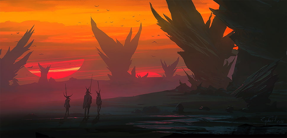videogame application screenshot, artwork, fantasy art, sunset HD wallpaper