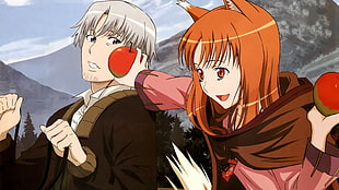two anime characters, anime, Spice and Wolf, Holo, Lawrence Craft