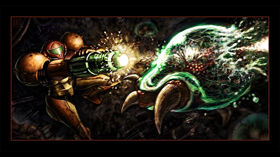 monster vs character with brown body gear digital wallpaper, Samus Aran, Metroid HD wallpaper