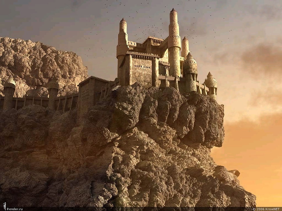 beige concrete castle, castle, cliff, birds, fantasy art HD wallpaper