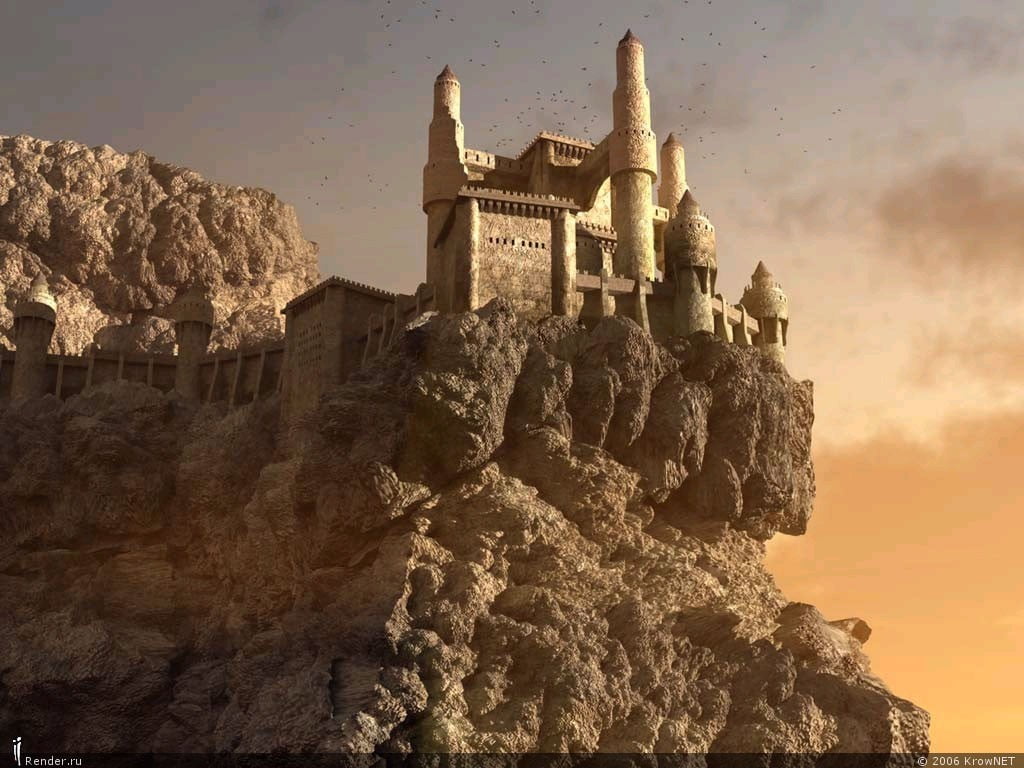 beige concrete castle, castle, cliff, birds, fantasy art