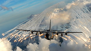 gray aircraft firing counter flares, military, aircraft, military aircraft, airplane