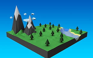 animated island graphic, low poly, digital art