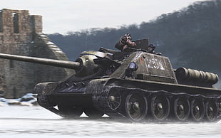 black battle tank digital wallpaper, tank, SU-100, World of Tanks, snow