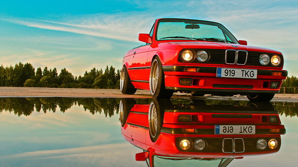 red BMW convertible coupe, car, BMW, reflection, BMW E30 HD wallpaper
