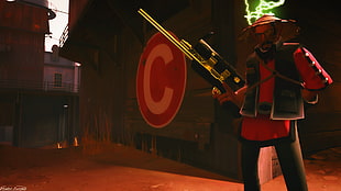 man in gray vest holding weapon illustration, Team Fortress 2, Sniper (TF2), Source Filmmaker