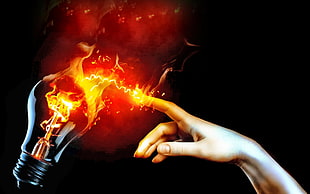 bulb and person's finger digital wallpaper, abstract, fire, lightbulb