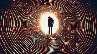 silhouette of person illustration, photography, lights, tunnel, spiral