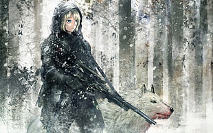 woman holding rifle with wolf illustration