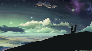 silhouette painting of two person on mountain, 5 Centimeters Per Second, anime, Makoto Shinkai , sky