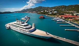 white cruise ship, ship, yachts, bay HD wallpaper