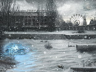 amusement park covered with snows painting, S.T.A.L.K.E.R., winter, Pripyat