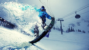 black snowboard, snowboarding, sport , digital art, snow