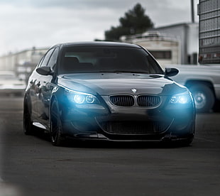 gray BMW car, Angel Eyes, BMW M5, black cars, blue eyes