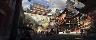 pagoda temple, ultra-wide, Japan, fantasy city, artwork HD wallpaper