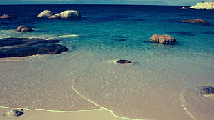 body of water beside white sand, beach, nature, rock, sea