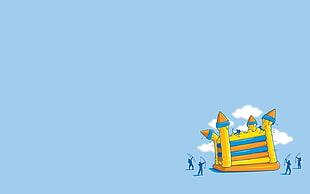 yellow, blue, and orange inflatable castle, minimalism, humor, blue, castle