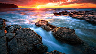 body of water painting, sunset, coast HD wallpaper