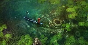 aerial photo of person riding kayak, fishing, eyes, pond, artwork