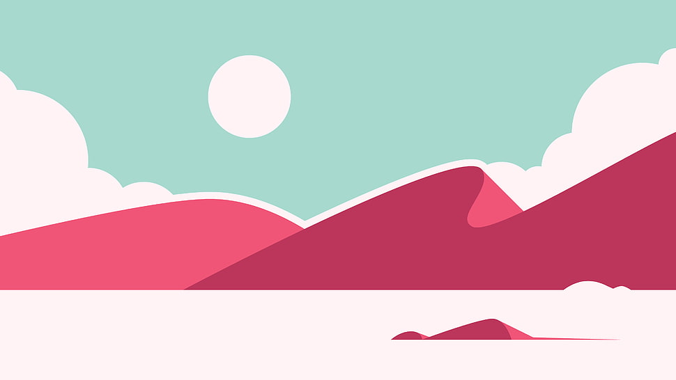 pink mountain with white full moon illustration HD wallpaper