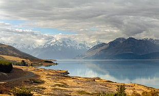 landscape photography of body of water beside brown soil and mountains, lake pukaki, mt cook