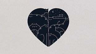 black and white heart illustration, minimalism, heart, cat, artwork