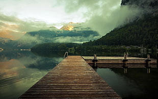 brown river dock, lake, nature, mist, mountains