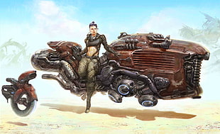 brown motorcycle digital wallpaper, science fiction, artwork
