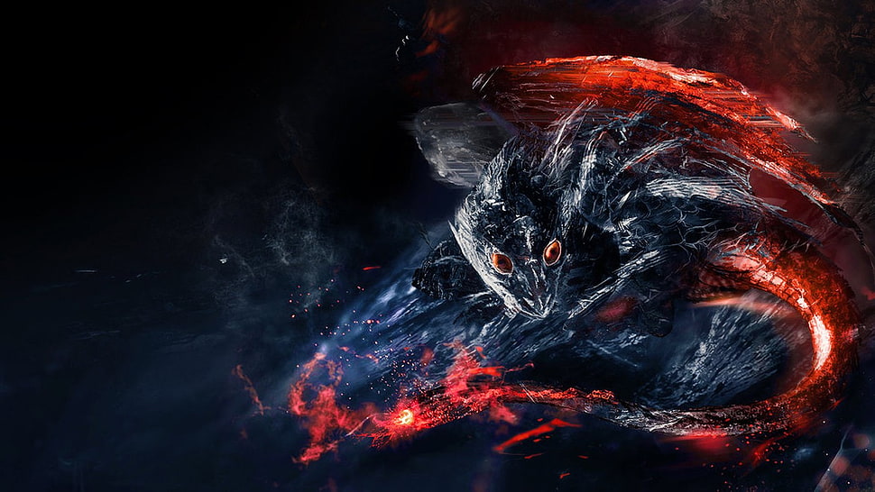 black and red monster digital wallpaper, fire, dragon HD wallpaper