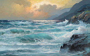 ocean wave near cliff painting