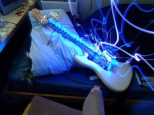 white electric guitar, guitar, electric guitar