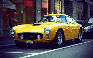 classic yellow Ferrari coupe, Ferrari, car, yellow cars, vintage