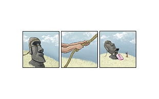 moai head 3-panel illustration, painting, comics, ropes, candies