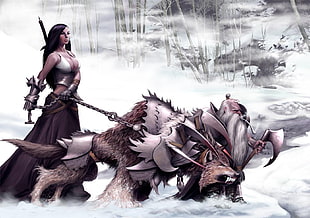 two black and white ceramic figurines, warrior, wolf, chains, snow HD wallpaper