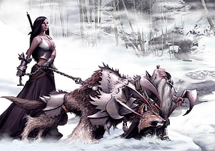 two black and white ceramic figurines, warrior, wolf, chains, snow