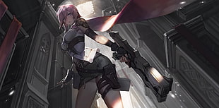 female anime character, weapon, short hair, pink hair, purple eyes