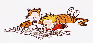 boy and tiger reading book illustration, Calvin and Hobbes, cartoon HD wallpaper