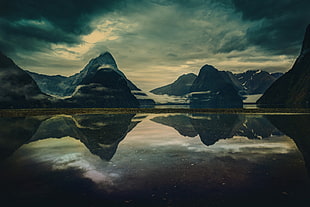 mountain reflecting on glassy water panoramic photography, nature, water, mist, mountains