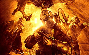 male character wearing gas mask holding rifle illustration, Metro 2033, video games
