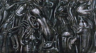 gray metal sculpture, H. R. Giger, artwork, surreal